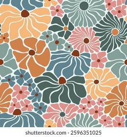 Seamless vector pattern with boho flowers. Hand drawn retro groovy floral background. Perfect for textile, wallpaper or nursery print design. EPS10 vector file.