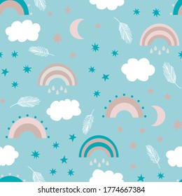 Seamless vector pattern in boho kids style. Rainbow, stars and moon, feathers and clouds. Cute design for textile, fabric, paper.