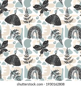 Seamless vector pattern with boho rainbow and butterflies