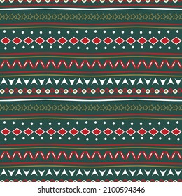 Seamless vector pattern with boho tribal texture on green background. Simple ethnic wallpaper design. Decorative vintage fashion textile.