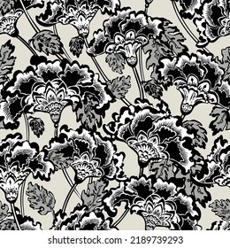 SEAMLESS VECTOR PATTERN bold flamboyant floral in black and white. Oriental poppy marigold style loose gestural brushwork in simple greyscale colors. Fan shaped flowers in scalloped arrangement.