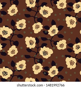 A seamless vector pattern with bold simple floral shapes on a brown background. Surface print design.