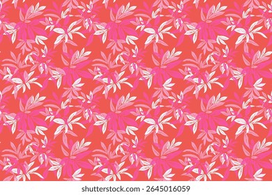 Seamless vector pattern with bold tropical leaves in pink and orange on a red background. Stylish botanical design for fabric, print, packaging, wallpapers, fashion projects