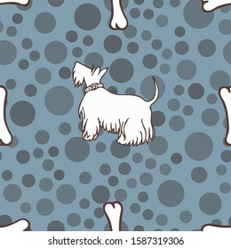 seamless vector pattern. Bones and a Scottish terrier on a spotted background
