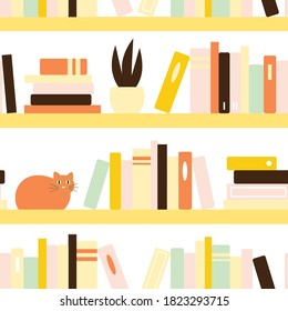 Seamless vector pattern with book  shelves, books, plants and cats on white background. Modern concept for fabric and paper, menu and invitation cards.