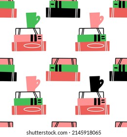 Seamless vector pattern with books and coffee cups on white background. Modern concept for fabric and paper, menu and invitation cards.