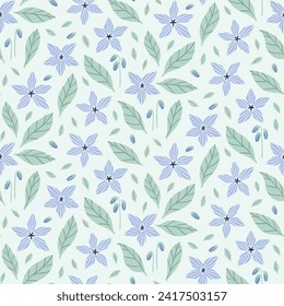 Seamless vector pattern with borage flowers, buds, and leaves in blue and green on a mint green background. Modern hand-drawn floral design with cottagecore vibes for digital paper, fabric, wallpaper.