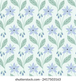 Seamless vector pattern with borage flowers and buds on leafy stems in blue and green on a mint green background. Modern cottagecore floral design for digital paper, fabric, wallpaper.