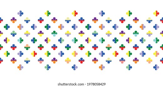 Seamless Vector Pattern Border With Four Leaf Clover Symbols In Rainbow Colours. Regularly Repeating Geometric Flower Shapes For Fabrics, Prints And Themed Stationery. 