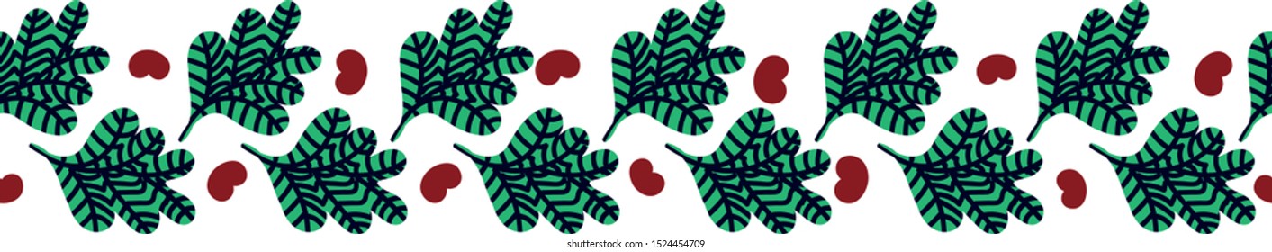 A seamless vector pattern border with green leaves and red heart shaped berries. Surface print design.