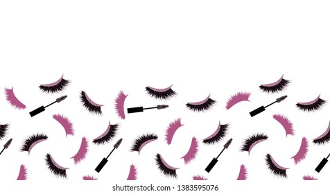 Seamless Vector Pattern Border with Lashes and Mascara with glitter effect