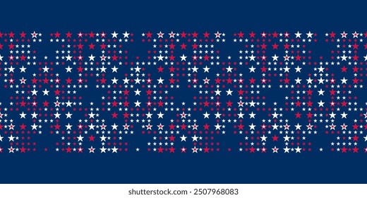 Patrón de Vector sin fisuras Borde con pequeñas estrellas rojas y blancas sobre fondo azul. Patrón geométrico abstracto irregular del 4 de julio. Antecedentes del Día de la Independencia.