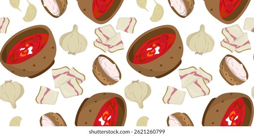 seamless vector pattern of borscht, garlic, and salo on white background, traditional ukrainian food ingredients repeating design, rustic culinary texture