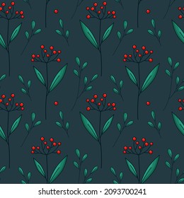 Seamless vector pattern with botanical elements. Wild herbs, medicinal plants, a twig with red berries. A sketch of a twig with leaves and berries.