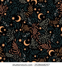 Patrón de Vector sin fisuras con adorno botánico y luna creciente y estrellas. Fondo oscuro dibujado a mano para Fondos de pantalla y textiles. Abstractas diseño floral con bayas