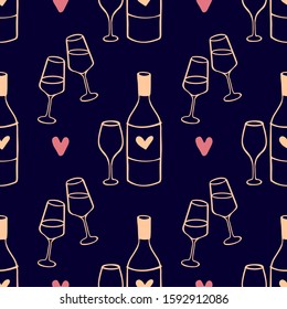 Seamless vector Pattern with bottle of alcohol and wine glasses for Valentine's Day design. Hand drawn love and romance background. Date and night out concept.
