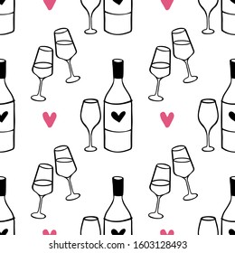 Seamless vector Pattern with bottle of alcohol and wine glasses for Valentine's Day design. Hand drawn love and romance background. Date and night out concept.