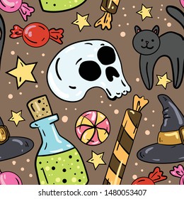 Seamless vector pattern with bottle, candy, witch hat,cat, potion,
skull on brown background. Wallpaper, fabric and textile ideas. Wrapping paper pattern. Cute design. Halloween set.