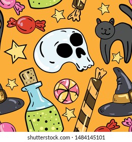 Seamless vector pattern with bottle, candy, witch hat,cat, potion,
skull on orange background. Wallpaper, fabric and textile ideas. Wrapping paper pattern. Cute design. Halloween set.