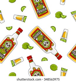 Seamless vector pattern of a bottle of tequila and lime on a white background, hand-drawn.