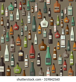 Seamless vector pattern with bottles of alcoholic beverages.