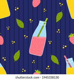 Seamless vector pattern with bottles of smoothies, strawberries and mint leaves on a striped background. 