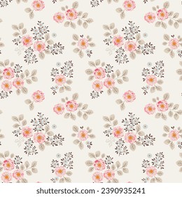 Seamless vector pattern with a bouquet of bright flowers in vintage style on a light background. Pale pink roses and blue flowers.