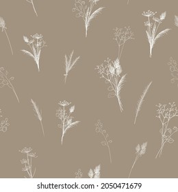 Seamless vector pattern with bouquet of dried herbs, branches and flowers like hogweed and gypsophila. Background perfect for wallpaper, decoration rooms, wrapping paper, fabric.