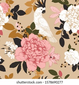 Seamless vector pattern with a bouquet of flowers and a bird. Colorful background with cockatoo parrot, peonies, roses, clementis