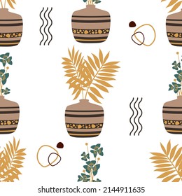 Seamless vector pattern, a bouquet of palm leaves in a flower vase or pot with an ornament in the Egyptian style for the interior. Abstract lines and dots, tropical plant. For fabric, wallpaper, gift 