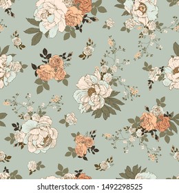 Seamless vector pattern with a bouquet of peonies and roses. Rocco ornament