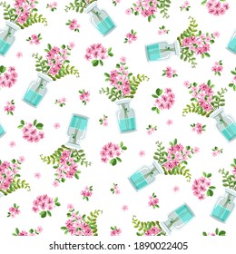 Seamless vector pattern with a bouquet of pink flowers and fern in a jar, a vase. Suitable for typography, cards, banners and textiles.