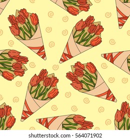 Seamless vector pattern with a bouquet of red tulips.