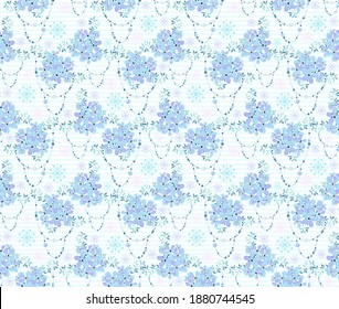 Seamless vector pattern with bouquets of blue forget-me-not flowers, decorative beads and patterned stars on the background. Delicate vintage texture for fabrics and scrapbooking