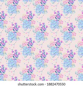 Seamless vector pattern with bouquets of blue forget-me-not flowers, decorative beads and patterned stars on the background. Delicate vintage texture for fabrics and scrapbooking