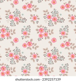 Seamless vector pattern with bouquets of bright flowers in vintage style on a light background. Pale pink roses, blue flowers and beige leaves.