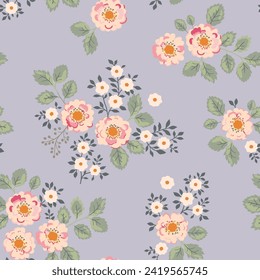 Seamless vector pattern with bouquets of bright vintage-style flowers on a light purple background. Large pale pink roses, yellow flowers and green leaves.