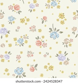 Seamless vector pattern with bouquets of bright flowers in vintage style on a background in bright colors. Pale pink roses, blue flowers and beige leaves.