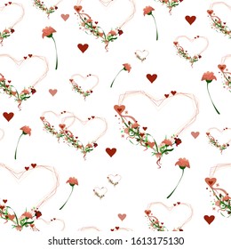 seamless vector pattern with bouquets of flowers and hearts