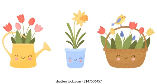 Seamless vector pattern with bouquets and pots of spring flowers. Cheerful faces are smiling.