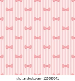 Seamless vector pattern with bows on a pastel pink strips background. For cards, invitations, wedding or baby shower albums, backgrounds, arts and scrapbooks.