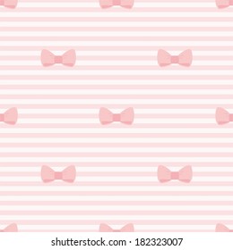 Seamless vector pattern with bows on a pastel pink strips background. For cards, invitations, wedding or baby shower albums, backgrounds, arts and scrapbooks.