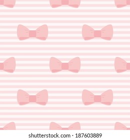 Seamless vector pattern with bows on a pastel pink strips background or tile wallpaper