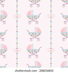 Seamless vector pattern with bows on a colorful strips background and baby pram (stroller). For cards, invitations, wedding or baby shower albums, backgrounds, arts and scrapbooks. 