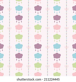 Seamless vector pattern with bows on a colorful strips background and colorful clouds with drops. For cards, invitations, wedding or baby shower albums, backgrounds, arts and scrapbooks. 