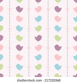 Seamless vector pattern with bows on a colorful strips background and colorful birds. For cards, invitations, wedding or baby shower albums, backgrounds, arts and scrapbooks. 