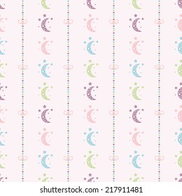 Seamless vector pattern with bows on a colorful strips background, colorful moons and stars. For cards, invitations, wedding or baby shower albums, backgrounds, arts and scrapbooks. 
