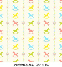Seamless vector pattern with bows on a colorful strips background and rocking horses. For cards, invitations, wedding or baby shower albums, backgrounds, arts and scrapbooks. 