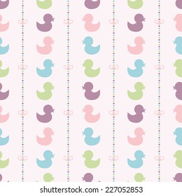 Seamless vector pattern with bows on a colorful strips background and colorful baby ducks. For cards, invitations, wedding or baby shower albums, backgrounds, arts and scrapbooks. 