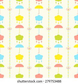 Seamless vector pattern with bows on a colorful strips background and colorful umbrellas, clouds with drops. For cards, invitations, wedding or baby shower albums, backgrounds, arts and scrapbooks. 
